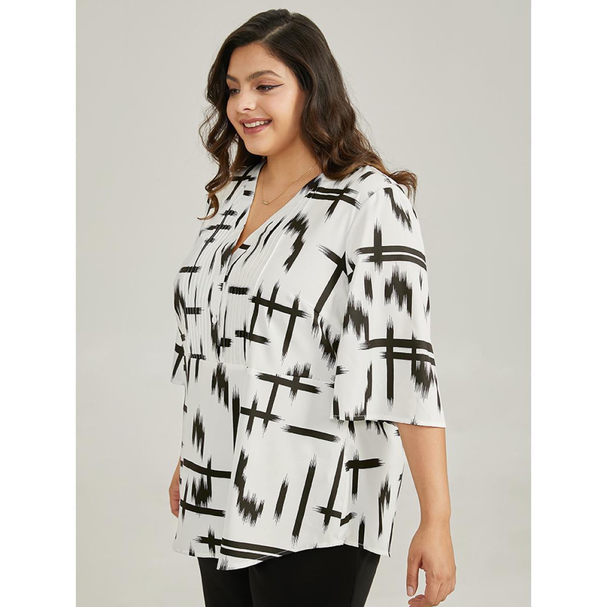 Plus Size Ivory Brush Print V Neck Pleated Ruffles Button Up Blouse Women Office Half Sleeve V-neck Work Blouses BloomChic 10/M Product Image