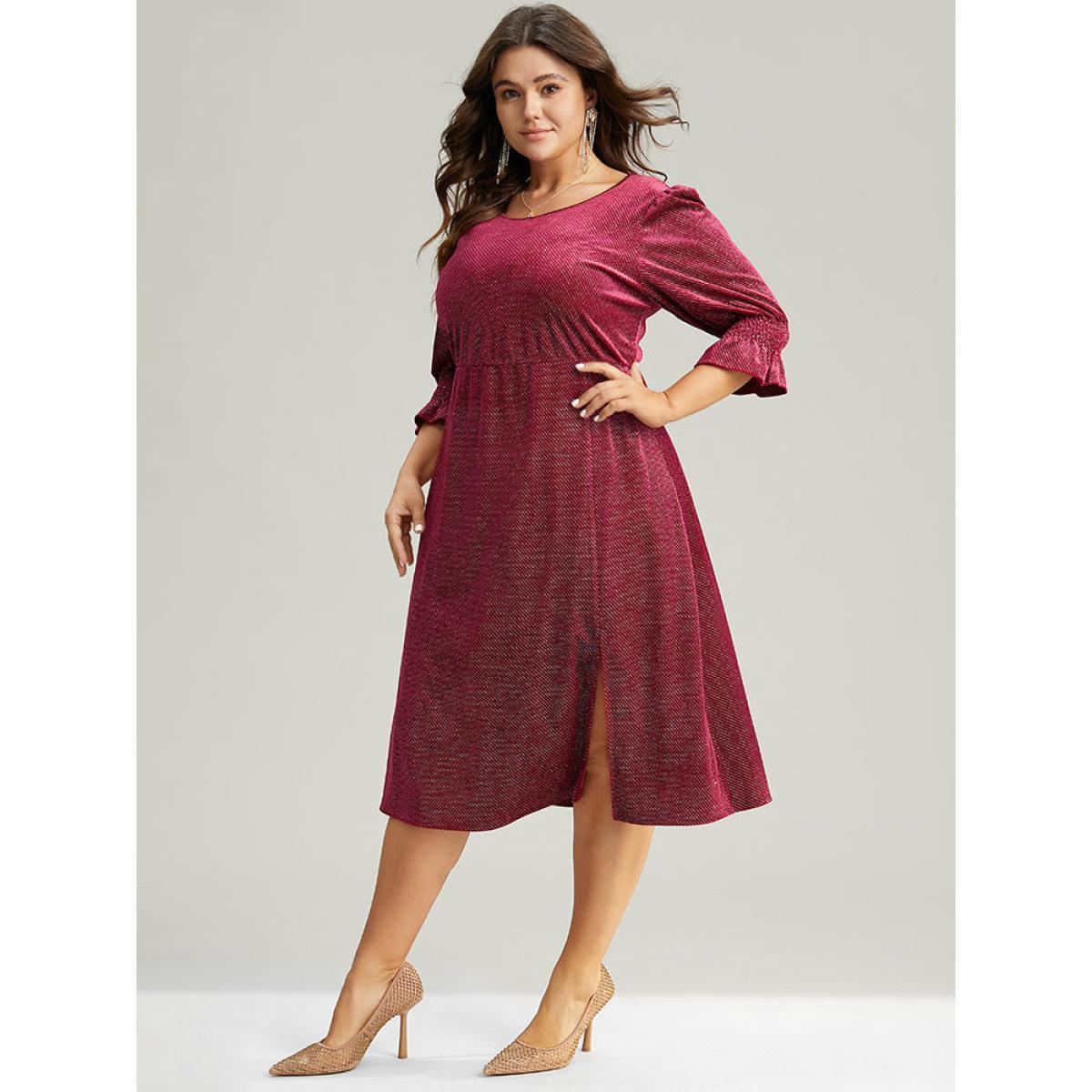 Plus Size Plain Velvet Glitter Split Hem Shirred Dress Scarlet Women Glamour Velvet Round Neck Half Sleeve Curvy Midi Dress BloomChic 14-16/1X Product Image