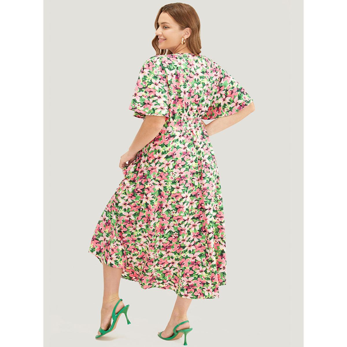 Plus Size Floral Printed Ruffle Sleeve Pocket Surplice Neck Flutter Dress Pink Women Elegant Cross straps V-neck Short sleeve Curvy Midi Dress BloomChic 26/4X Product Image