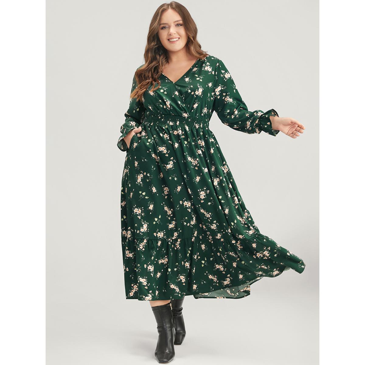 Plus Size Floral Lantern Sleeve Pocket Wrap Shirred Dress Without Hat DarkGreen Women Elegant Pocket V-neck Long Sleeve Curvy Midi Dress BloomChic 14-16/1X Product Image