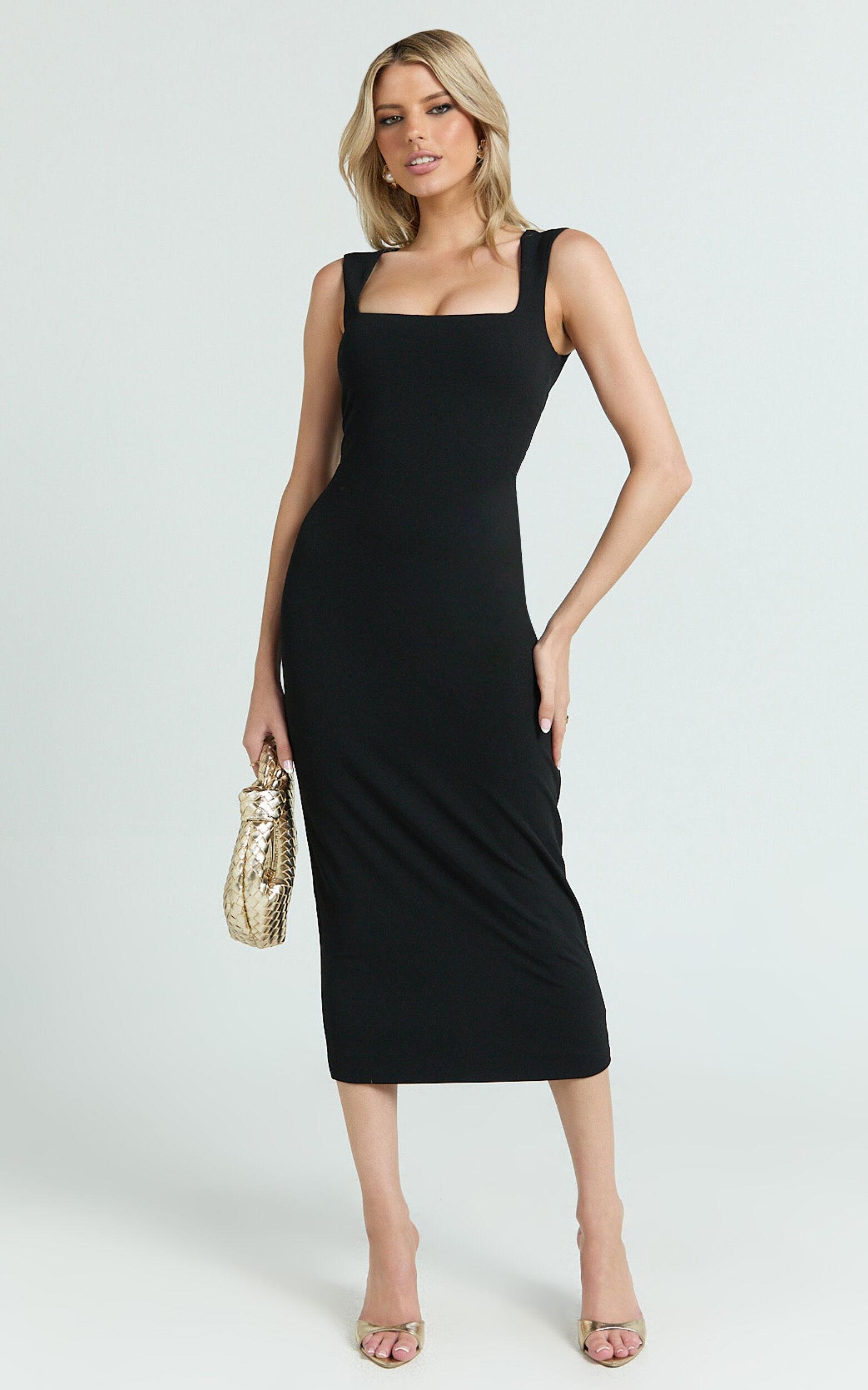 Stella Midi Dress - Square Neck Cap Sleeve Fitted Dress in Black Product Image