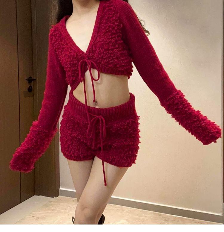 V-Neck Plain Cropped Cardigan / Drawstring Waist Knit Hot Pants Product Image