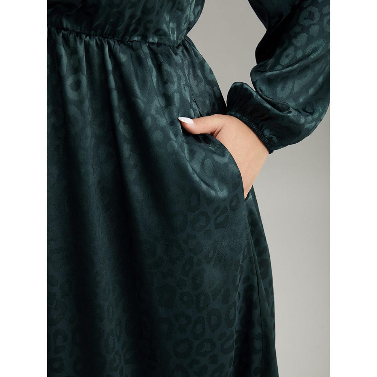 Plus Size Leopard Square Neck Elastic Waist Ties Dress Cyan Women Glamour Elastic cuffs Square Neck Long Sleeve Curvy Midi Dress BloomChic 22-24/3X Product Image