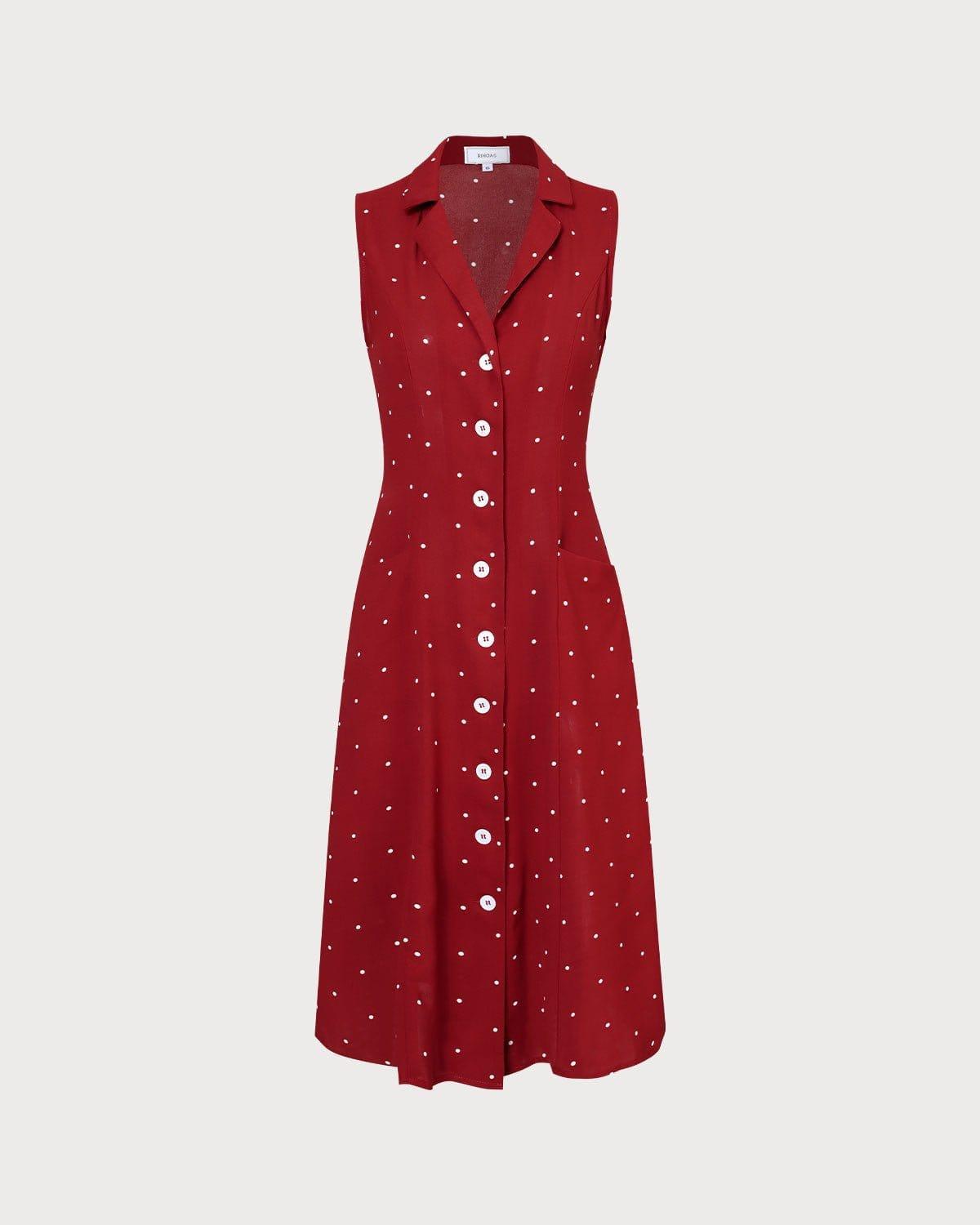 The Red V Neck Polka Dot Tie Back Midi Dress Product Image