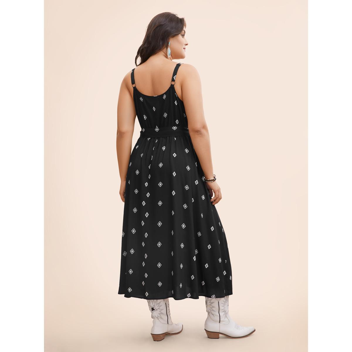 Plus Size Cami Printed A-line Midi Dress Black Women Resort Belted V-neck Sleeveless Curvy BloomChic 12/L Product Image