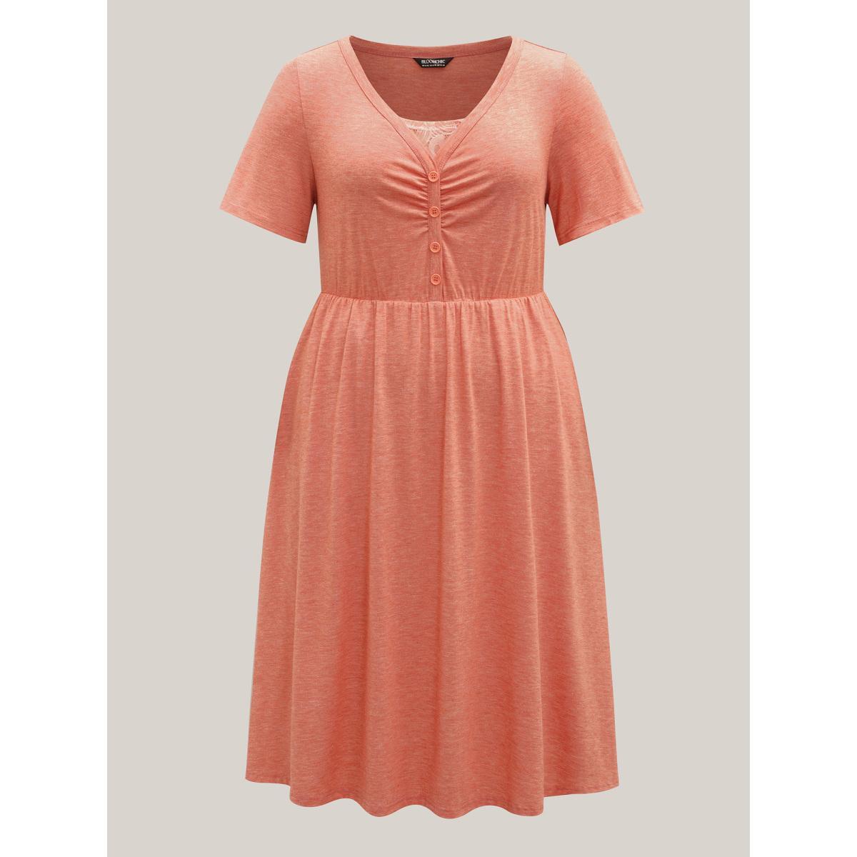 Plus Size Stretchy Knit Ruched Pockets Midi Dress Salmon Women Knit Dresses Bloomchic 10/M Product Image