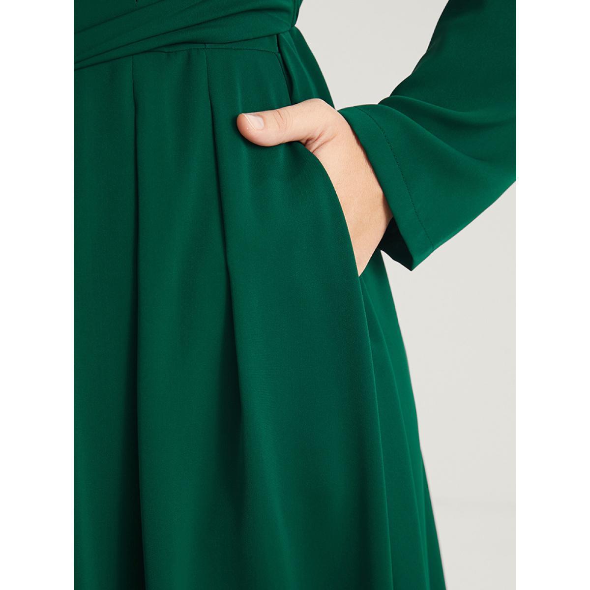 Plus Size Solid Button Pocket Flutter Knotted Shirt Collar Midi Dress DarkGreen Women Office Cross straps Shirt collar Long Sleeve Curvy Midi Dress BloomChic 28/5X Product Image
