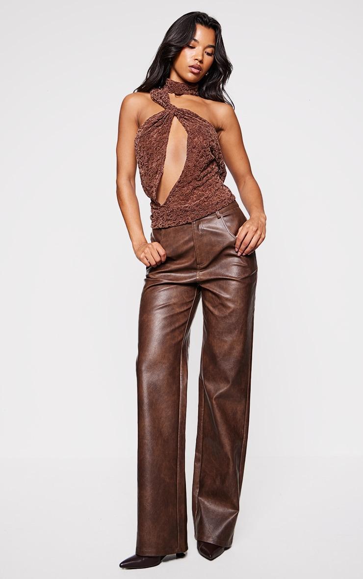 Brown Velvet Lace Highneck Cut Out Long Top Product Image