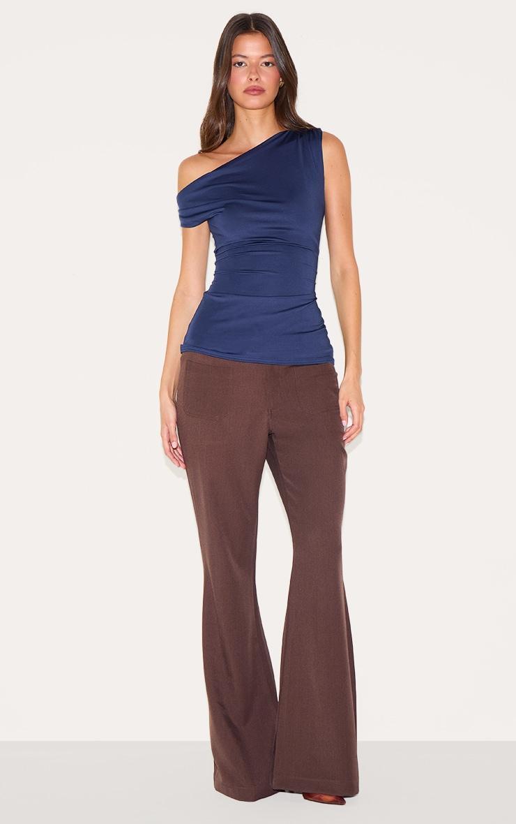 Navy Slinky Asymmetric Ruched Detail Long Top Product Image