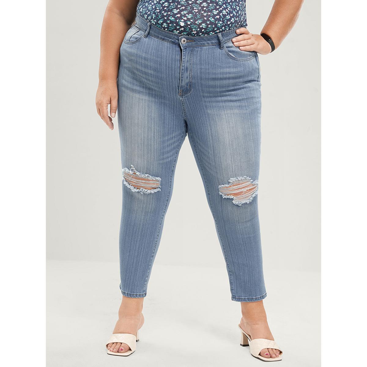 Plus Size Skinny Very Stretchy Mid Rise Light Wash Distressed Jeans Women Blue Casual Plain Distressed High stretch Pocket Jeans BloomChic 28/5X Product Image