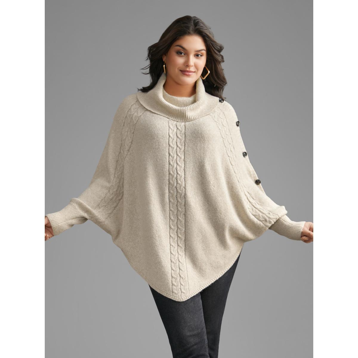 Plus Size Turtleneck Cable Knit Asymmetrical Hem Pullover Champagne Women Casual Loose Long Sleeve Ruffled collar Everyday Pullovers BloomChic 28/5X Product Image