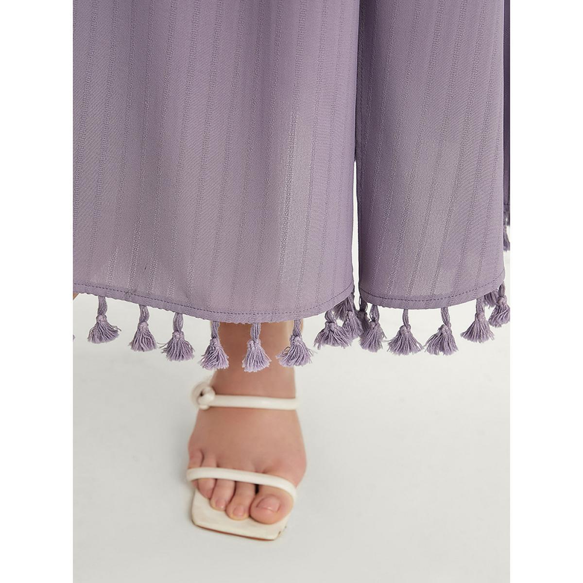 Plus Size Plain Striped Dolman Sleeve Split Belted Tassels Trim Dress Mauve Women Elegant Elastic Waist V-neck Half Sleeve Curvy Midi Dress BloomChic 18-20/2X Product Image
