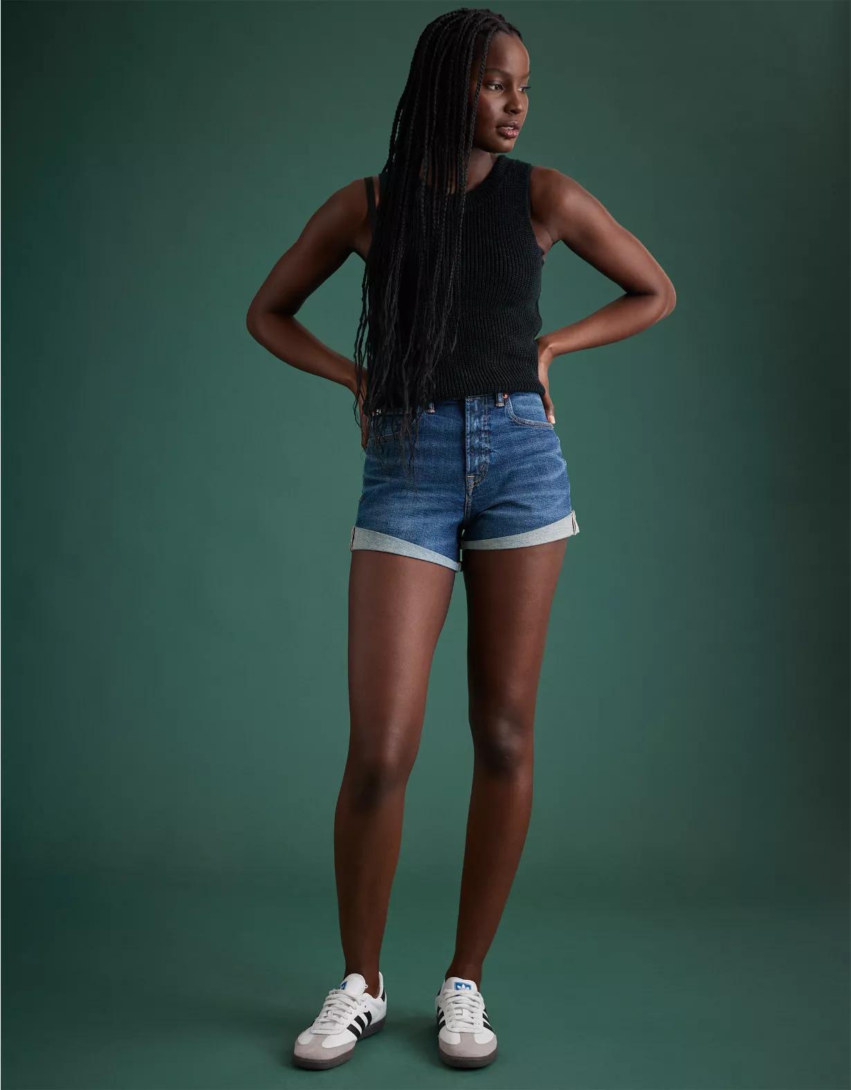 AE77 Premium High-Waisted Cut-Off Denim Short Product Image