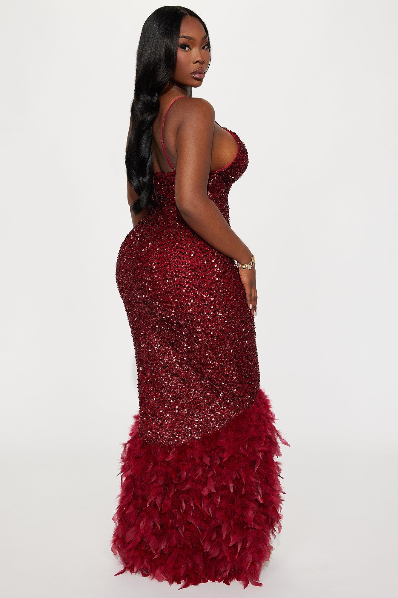 Zoey Spaghetti Strap Feathered Sequin Gown - Wine Product Image