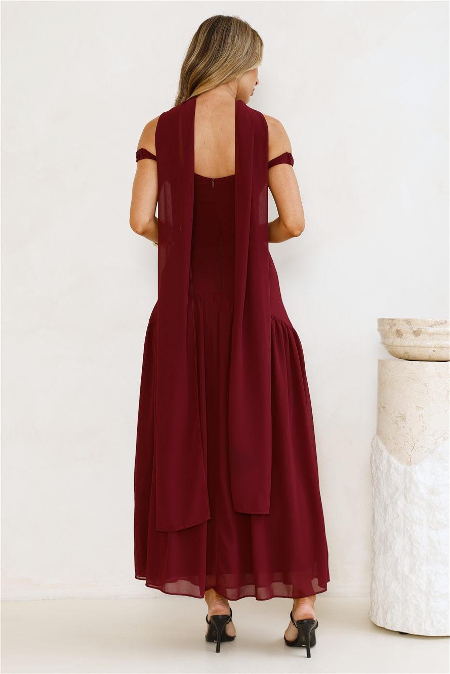 The Style Spotlight Off Shoulder Maxi Dress Burgundy Product Image