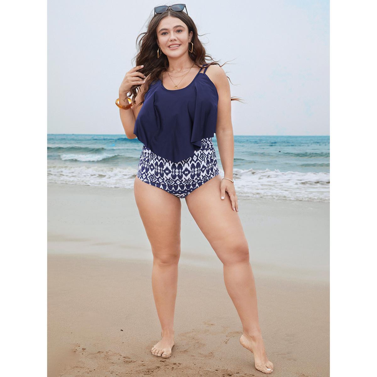 Plus Size Geometric Patchwork Ruffle Trim One Piece Swimsuit Women's Swimwear Indigo Vacation Adjustable Straps Curve Bathing Suits High stretch One Pieces BloomChic 18-20/2X Product Image