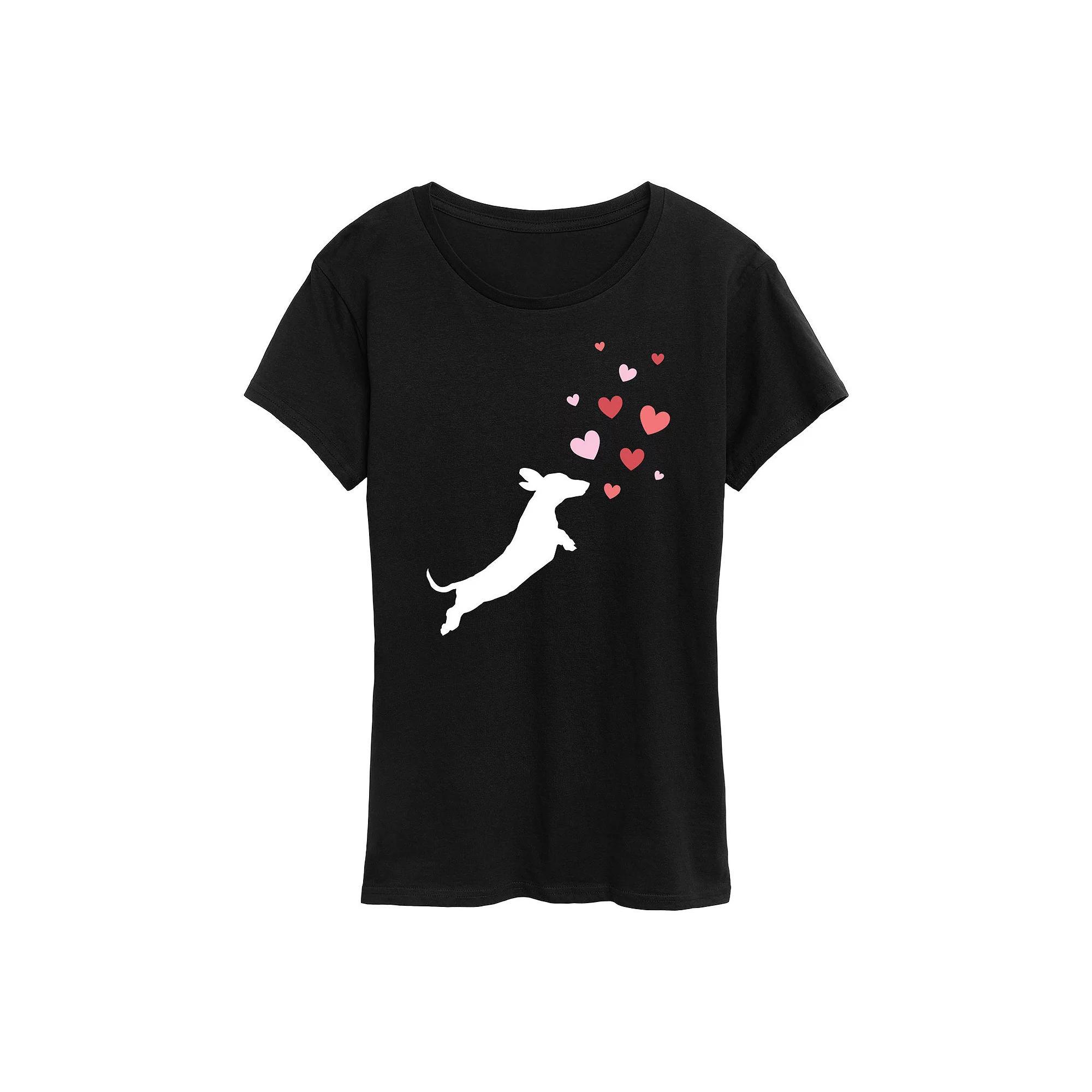 Womens Dachshund Chasing Hearts Graphic Tee Product Image