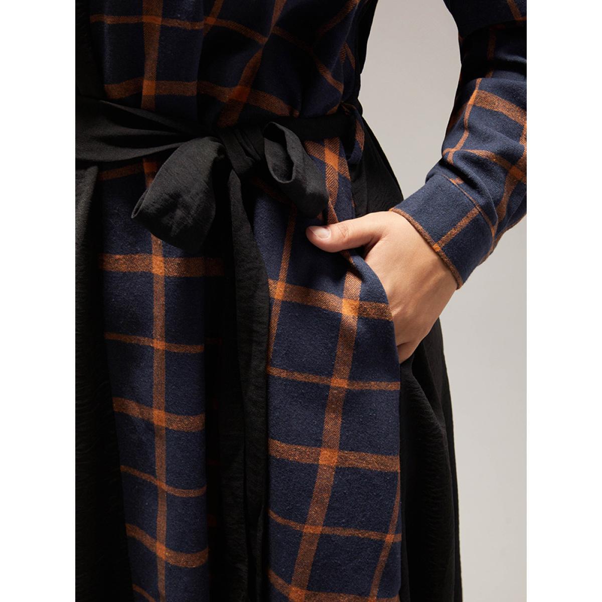 Plus Size Plaid Patchwork Notched Belted Dress Black Women Office Belted Notched collar Long Sleeve Curvy Midi Dress BloomChic 30/6X Product Image
