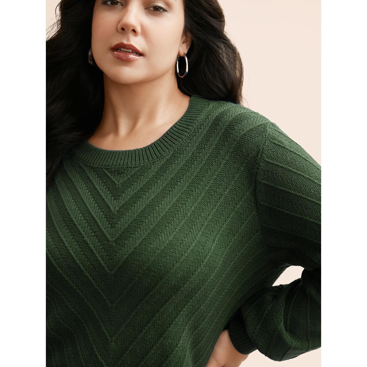 Plus Size Plain Textured Crew Neck Pullover DarkGreen Women Casual Loose Long Sleeve Boat Neck Everyday Pullovers BloomChic 18-20/2X Product Image