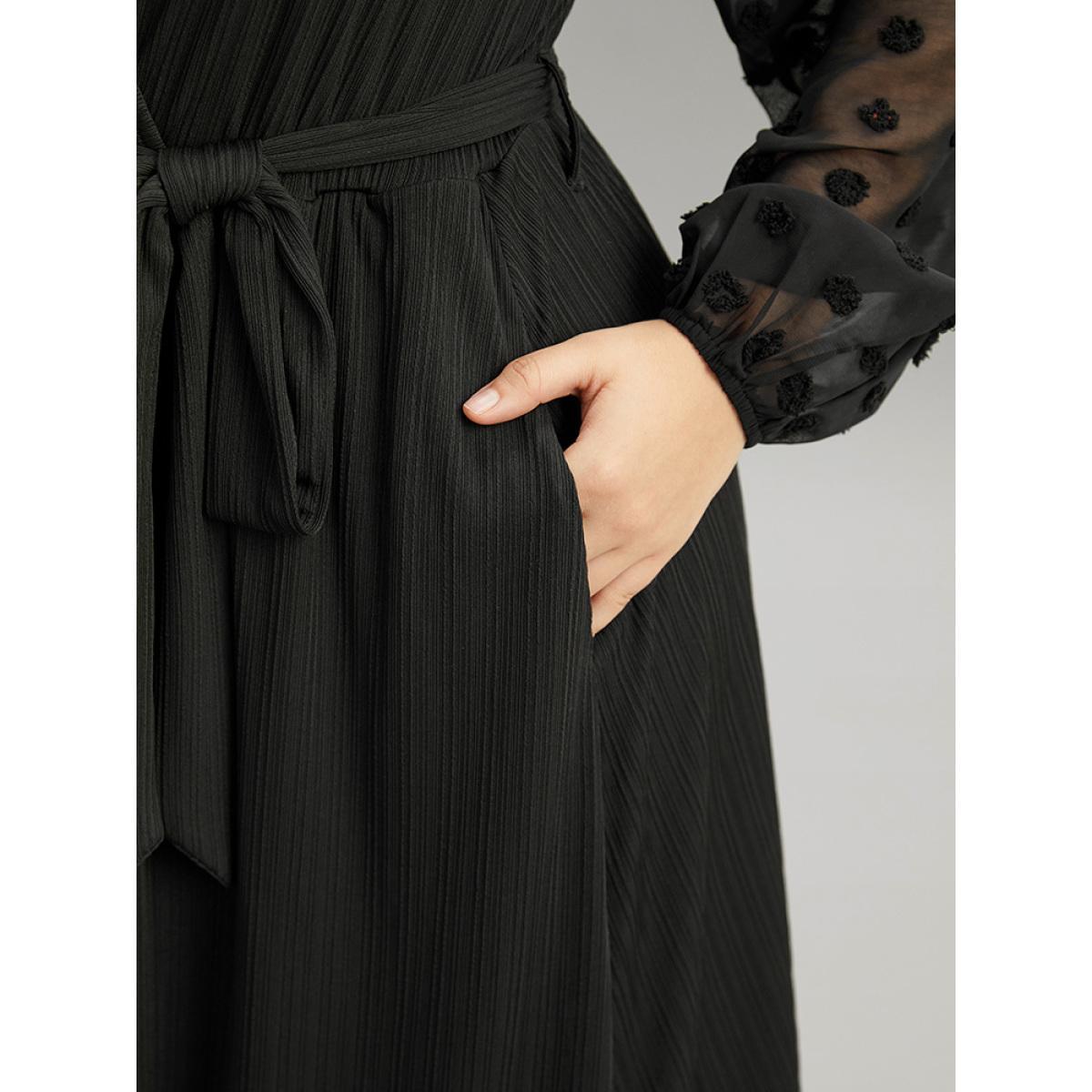 Plus Size Polka Dot Chiffon Mesh Patchwork Wrap Dress Black Women Elegant Elastic cuffs Overlap Collar Long Sleeve Curvy Midi Dress BloomChic 10/M Product Image