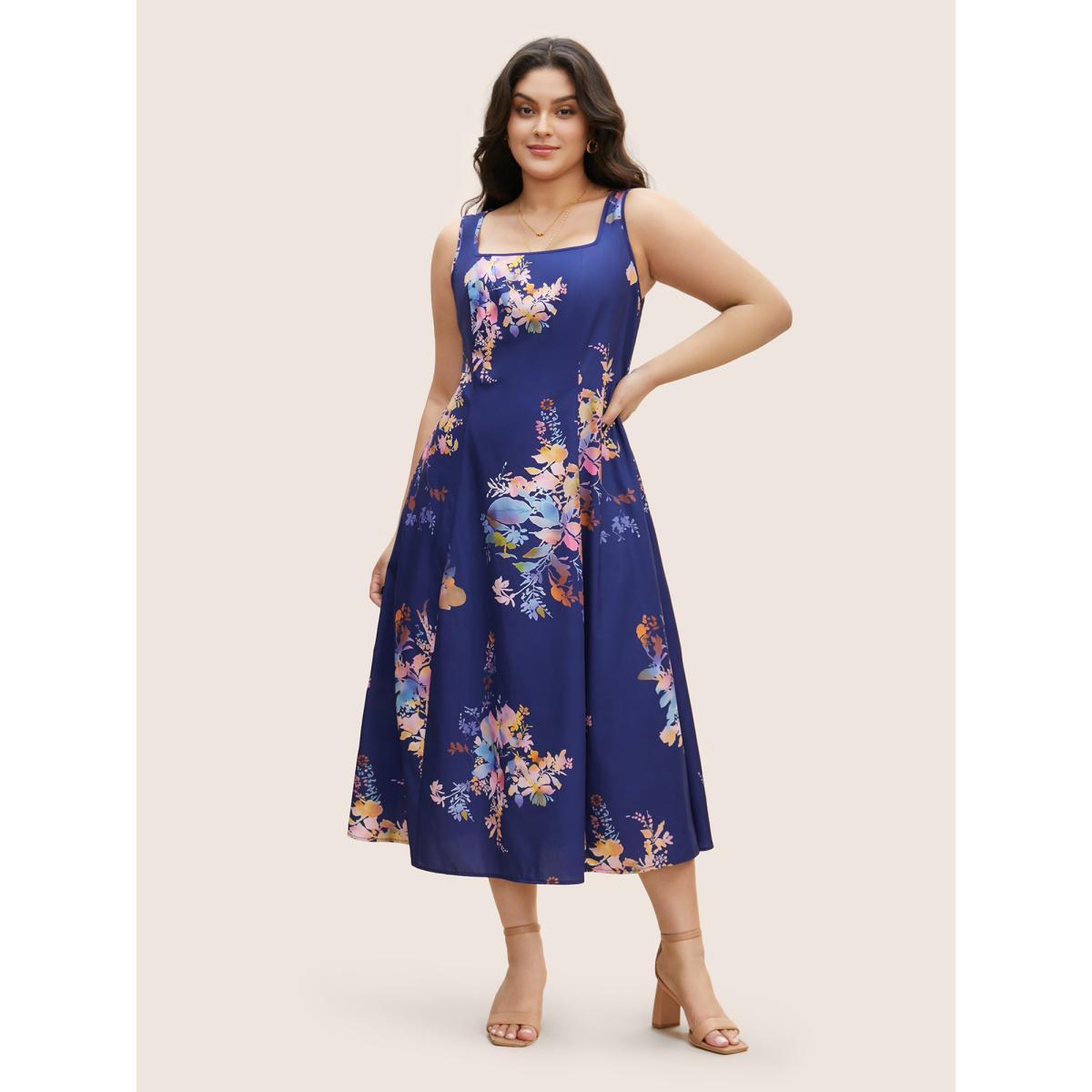 Plus Size Square Neck Silhouette Floral Print Pleated Dress DarkBlue Women Elegant Non Square Neck Sleeveless Curvy BloomChic 22-24/3X Product Image