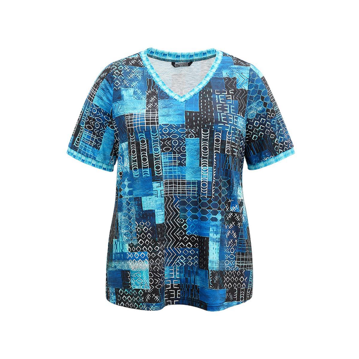 Plus Size Geometric Print V Neck T-shirt Multicolor Women Casual Printed Geometric V-neck Dailywear T-shirts BloomChic 10/M Product Image