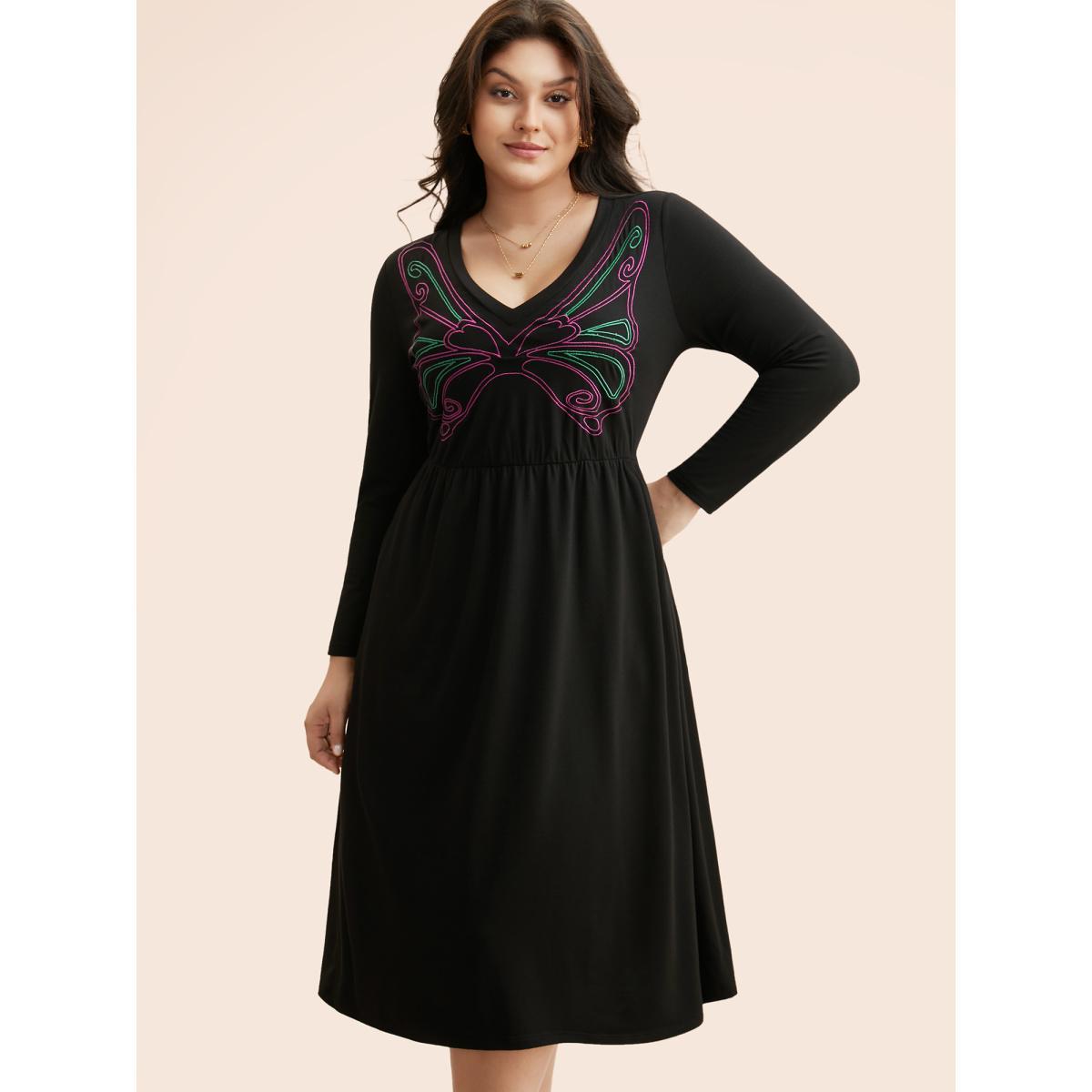Plus Size Butterfly Embroidered V Neck Midi Dress Black Women Elegant Embroidered V-neck Long Sleeve Curvy BloomChic 10/M Product Image