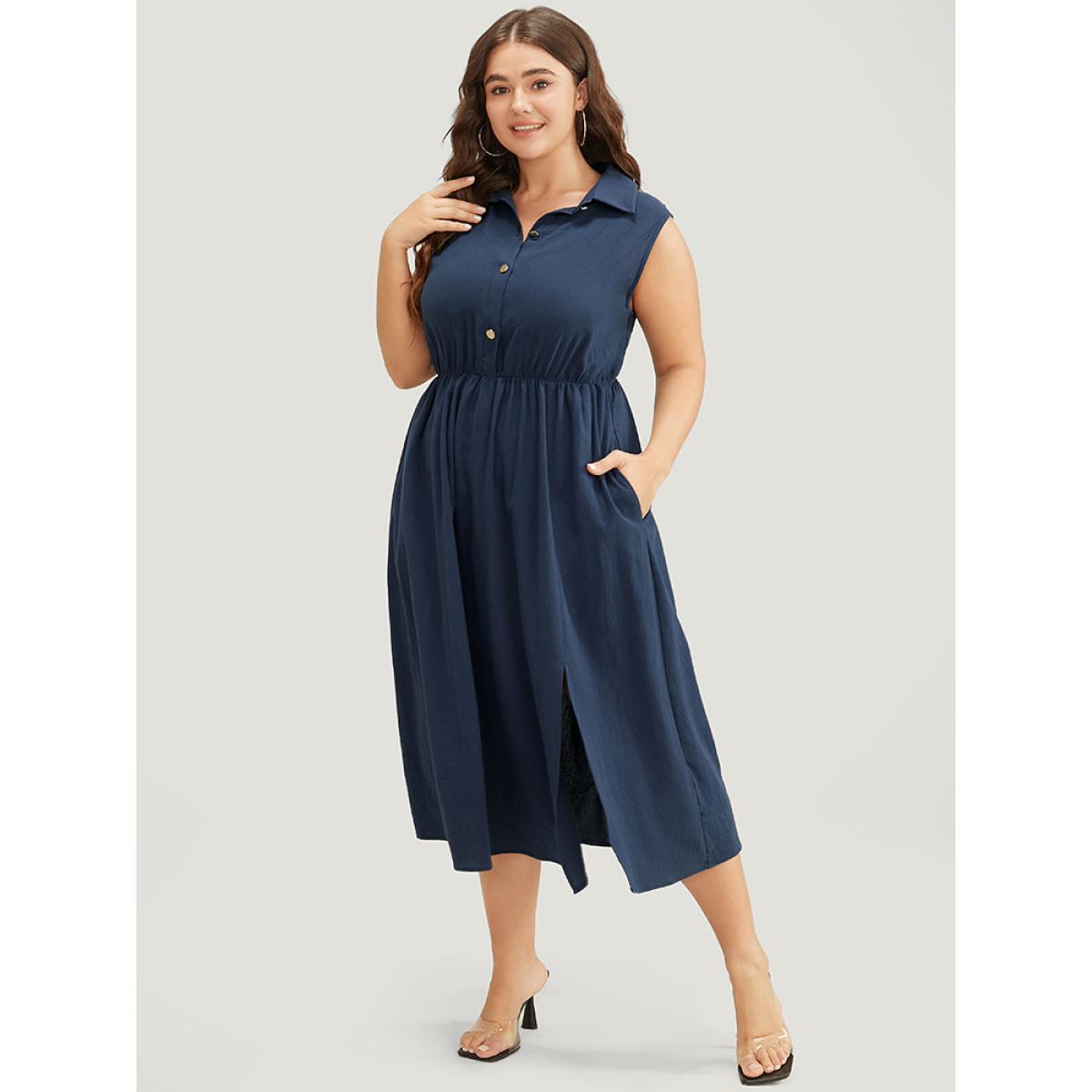 Plus Size Solid Shirt Collar Sleeveless Pocket Button Up Split Hem Dress Indigo Women Office Button Shirt collar Sleeveless Curvy Midi Dress BloomChic 14-16/1X Product Image