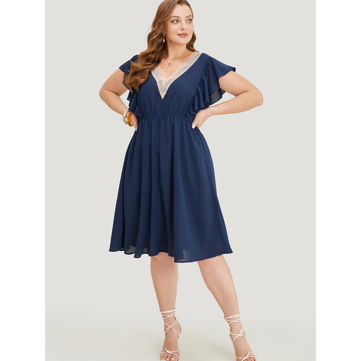 Plus Size Solid Contrast Lace V Neck Pocket Flutter Trim Dress DarkBlue Women Elegant Lace V-neck Cap Sleeve Curvy Knee Dress BloomChic 30/6X Product Image