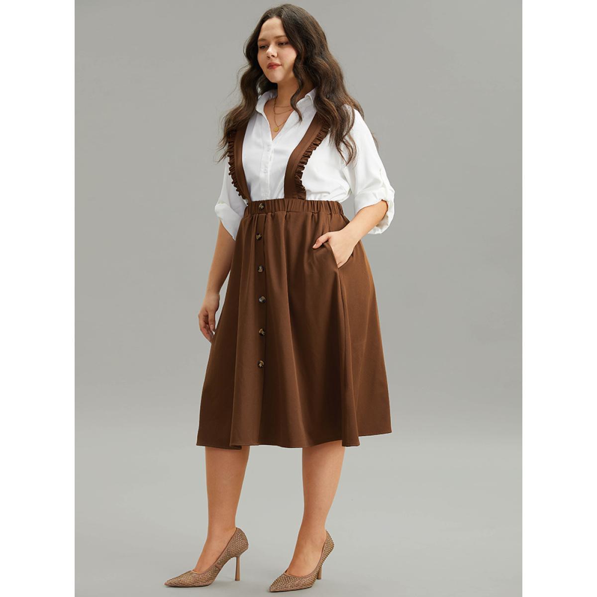 Plus Size Elastic Waist Button Detail Frill Trim Overall Skirt Women Rust At the Office Plain No stretch Pocket Work Skirts BloomChic 12/L Product Image