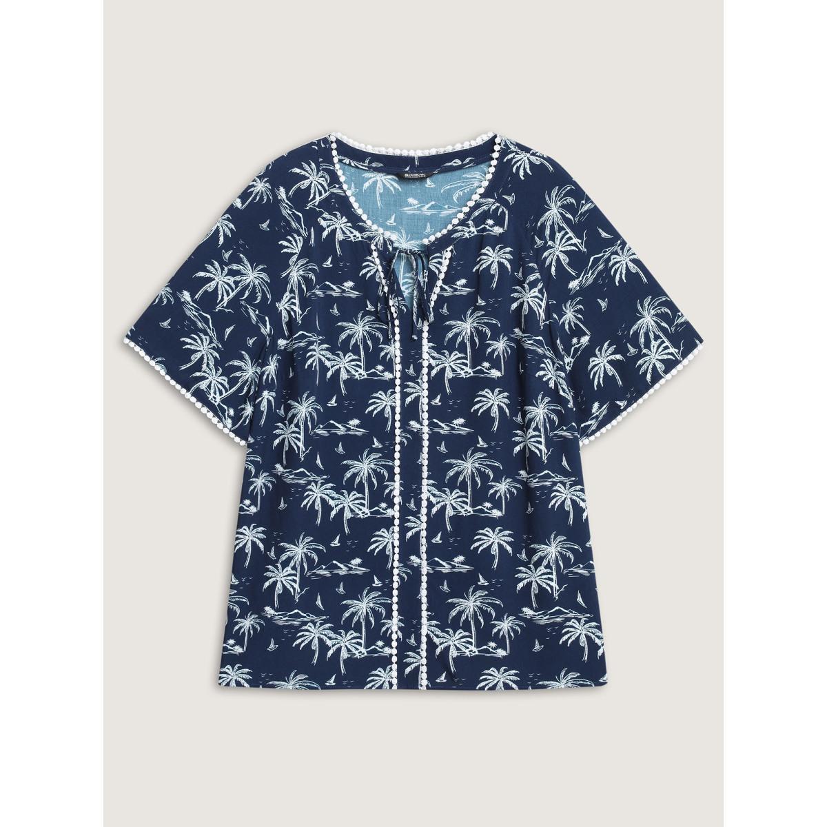Plus Size Indigo Tropical Print Lace Trim Flowy Blouse Women Short sleeve V-neck Vacation Blouses BloomChic 26/4X Product Image
