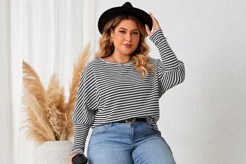Mutton Sleeve Crew Neck Striped Knit Top Product Image