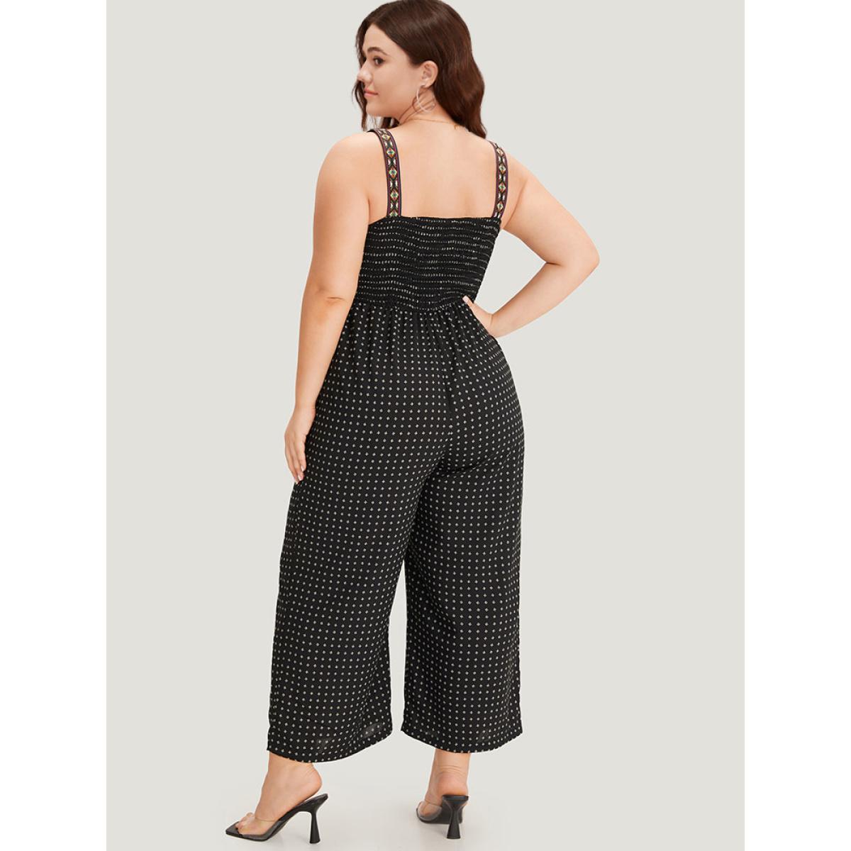 Plus Size Black Geometric Print Pocket Button Elastic Waist Cami Jumpsuit Women Casual Sleeveless Spaghetti Strap Dailywear Loose Jumpsuits BloomChic 26/4X Product Image