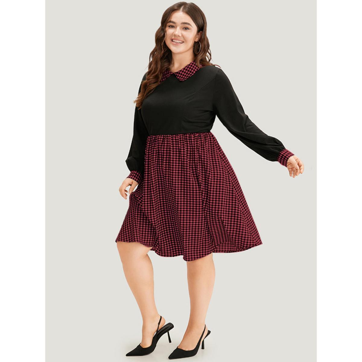 Plus Size Gingham Patchwork Pocket Shirt Collar Dress Red Women Office Patchwork Shirt collar Long Sleeve Curvy Midi Dress BloomChic 28/5X Product Image