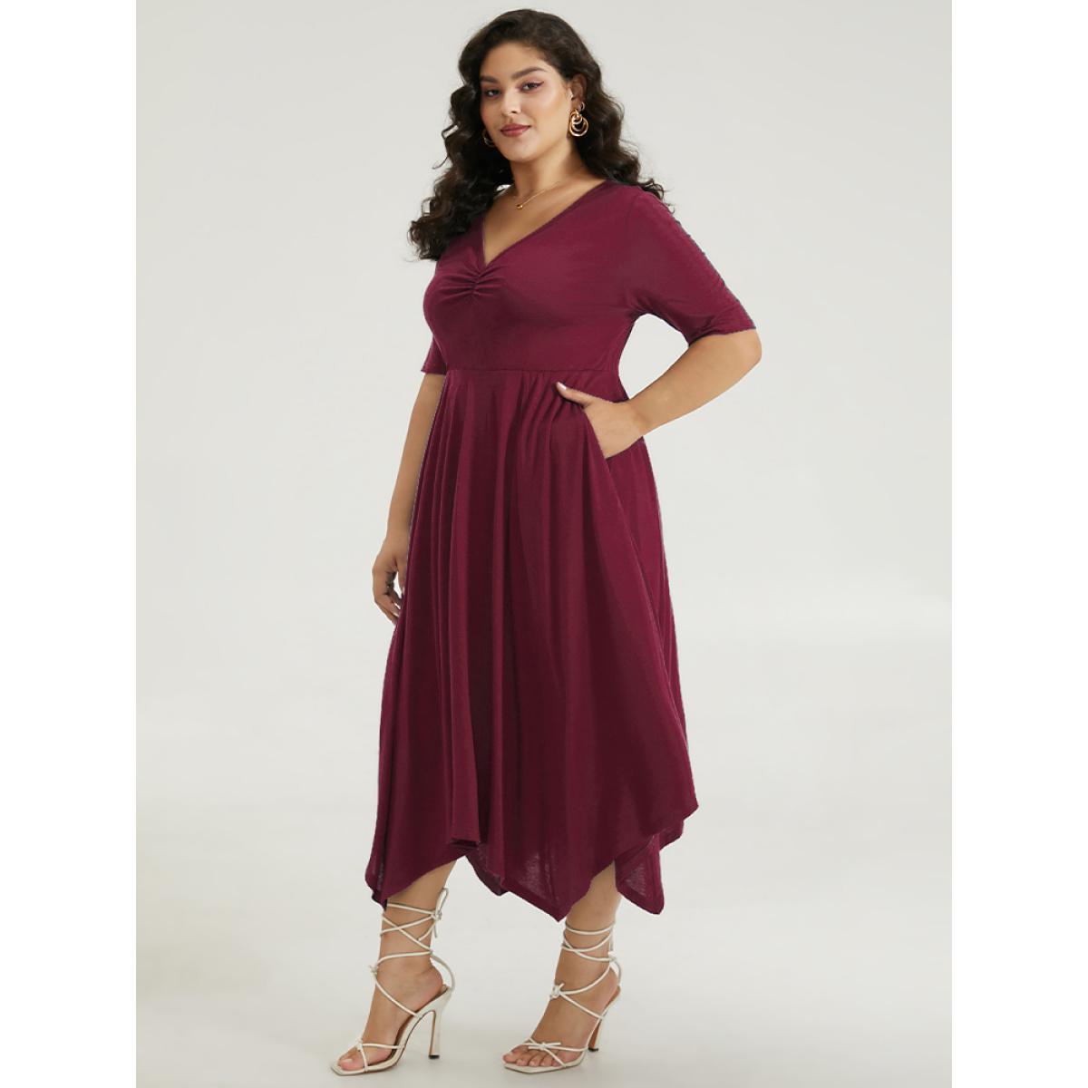 Plus Size Solid Ruched Pocket Asymmetrical Hem Dress Burgundy Women Elegant Gathered V-neck Short sleeve Curvy Midi Dress BloomChic 14-16/1X Product Image