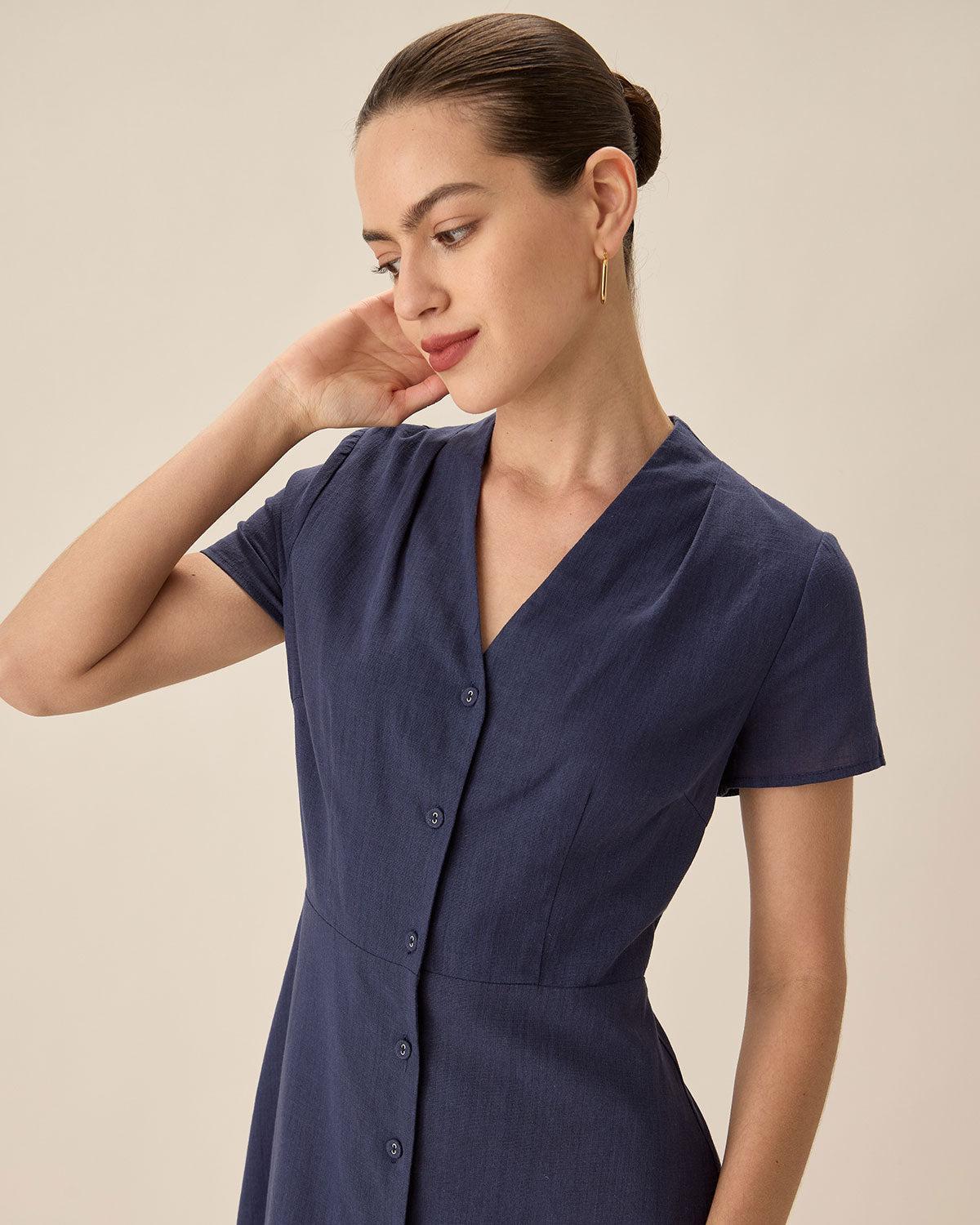 Navy Collared Button Midi Dress Product Image