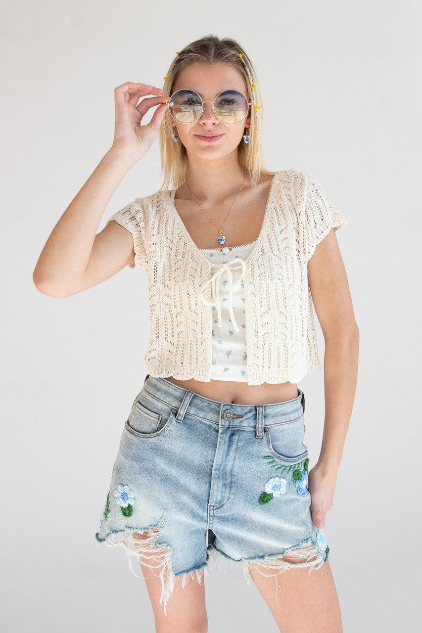 Short Sleeve Tie Front Lacy Knit Cardigan Product Image