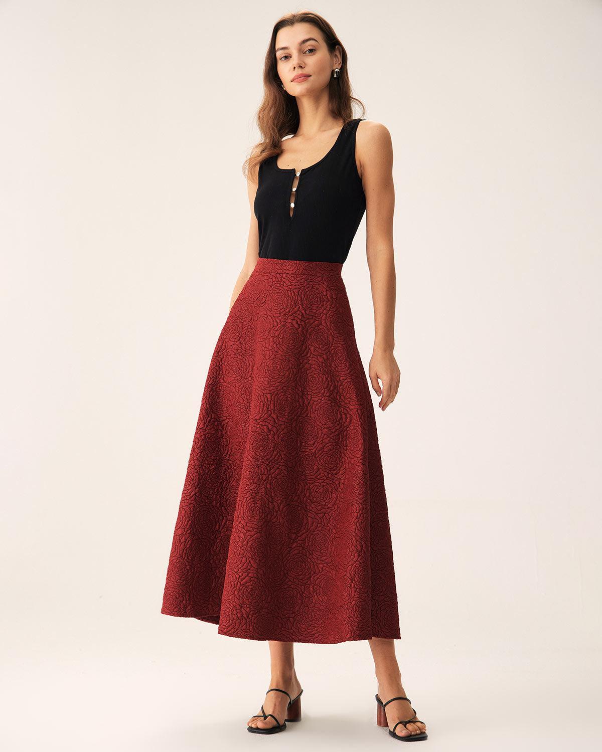Red Jacquard A-line Midi Skirt Product Image
