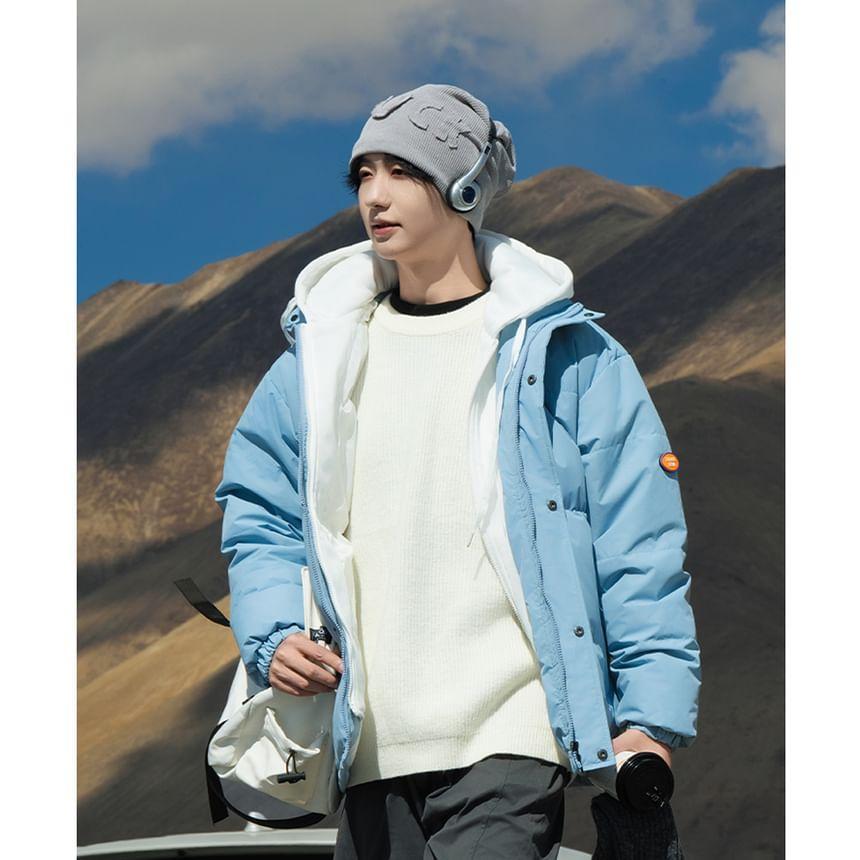 Mock Two-Piece Applique Drawstring Hooded Down Zip Jacket Product Image