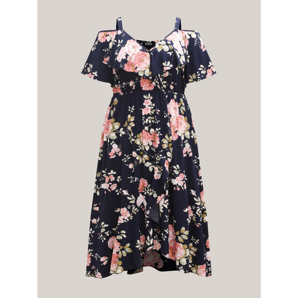 Plus Size Ruffled Neck Off-Shoulder Floral Midi Dress Navy Women Elegant Ruffles V-neck Short sleeve Curvy BloomChic 10/M Product Image