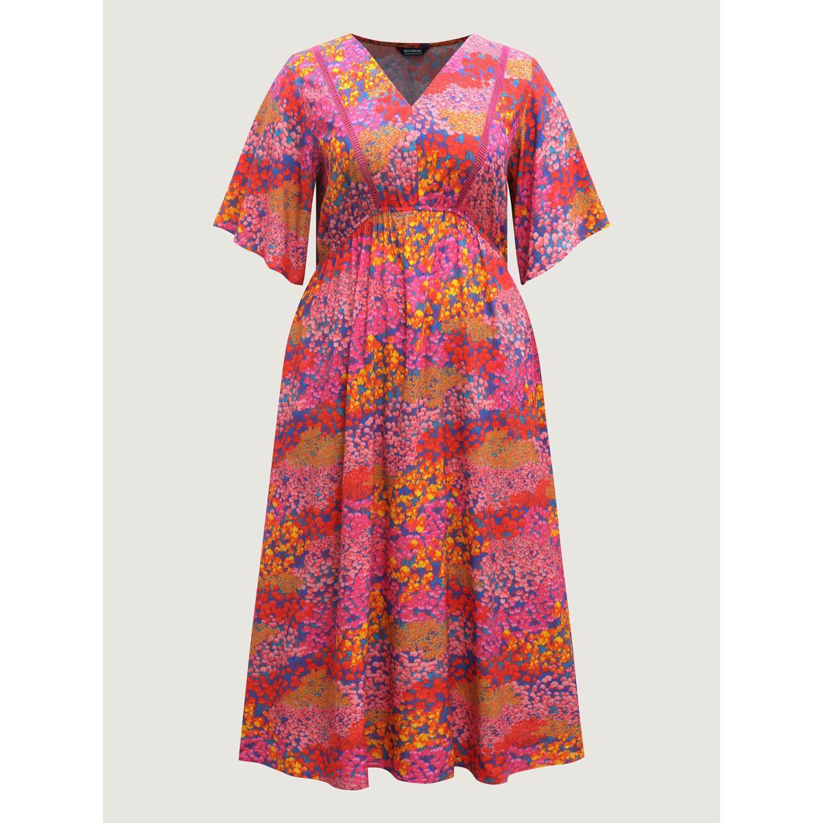 Plus Size Floral Lace Trim Flowy Sleeve Midi Dress Multicolor Women V-neck Elbow-length sleeve Curvy BloomChic 30/6X Product Image