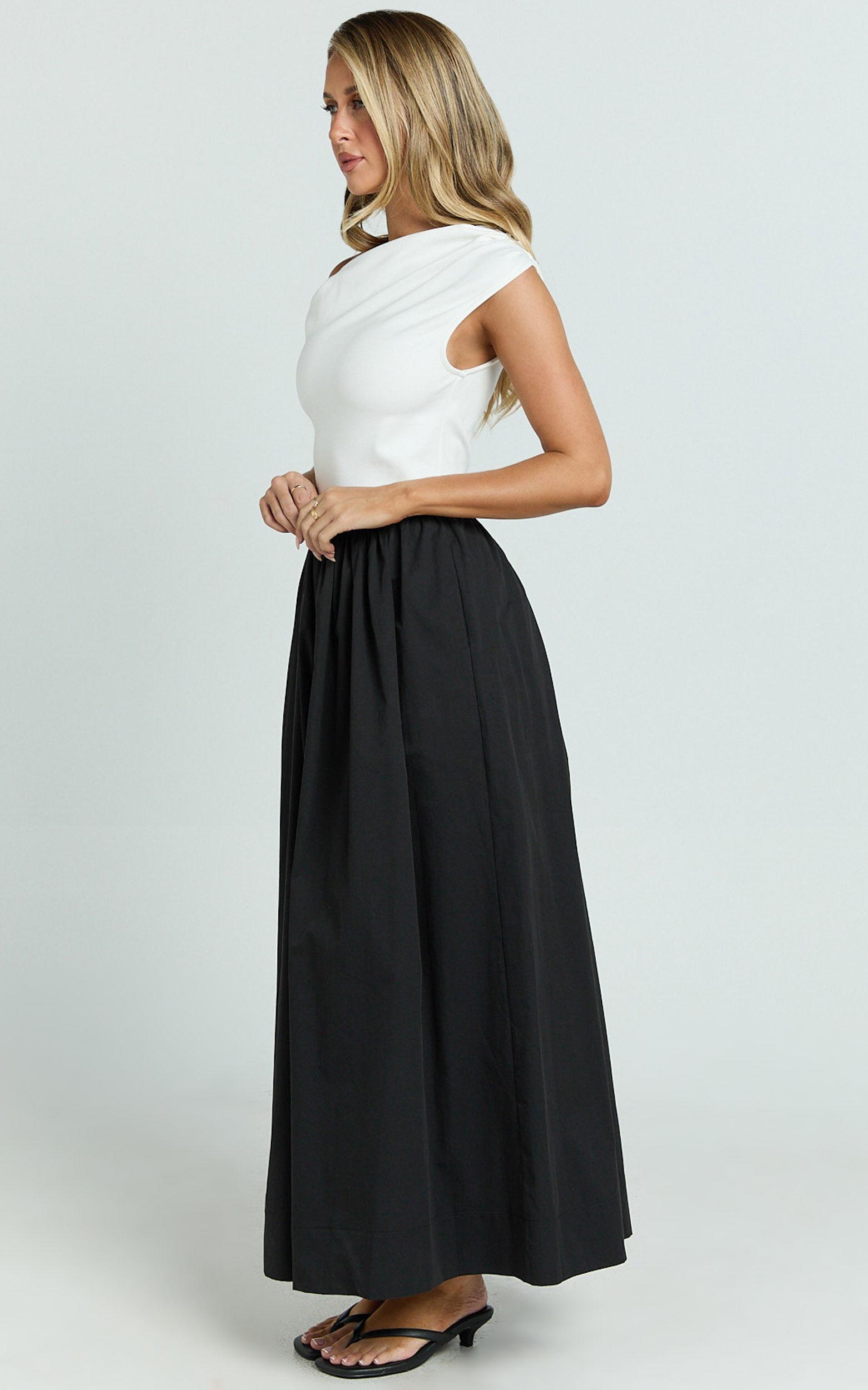 Jhamie Midi Dress - One Shoulder Contrast Skirt Dress in White/Black Product Image