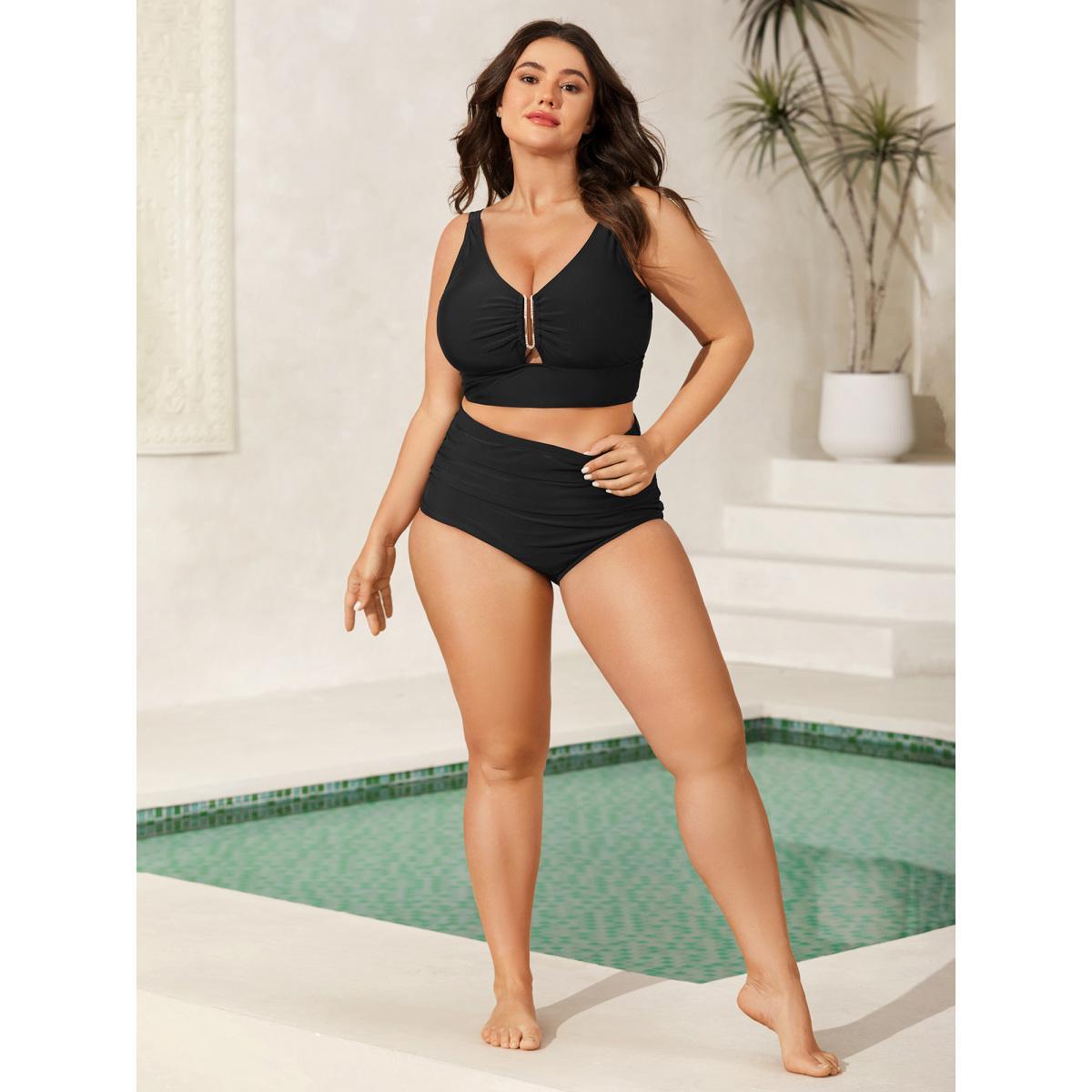 Plus Size Keyhole Metal Detail Solid Swim Top Women's Swimwear Black Beach Gathered High stretch Skinny V-neck Curve Swim Tops BloomChic 22-24/3X Product Image