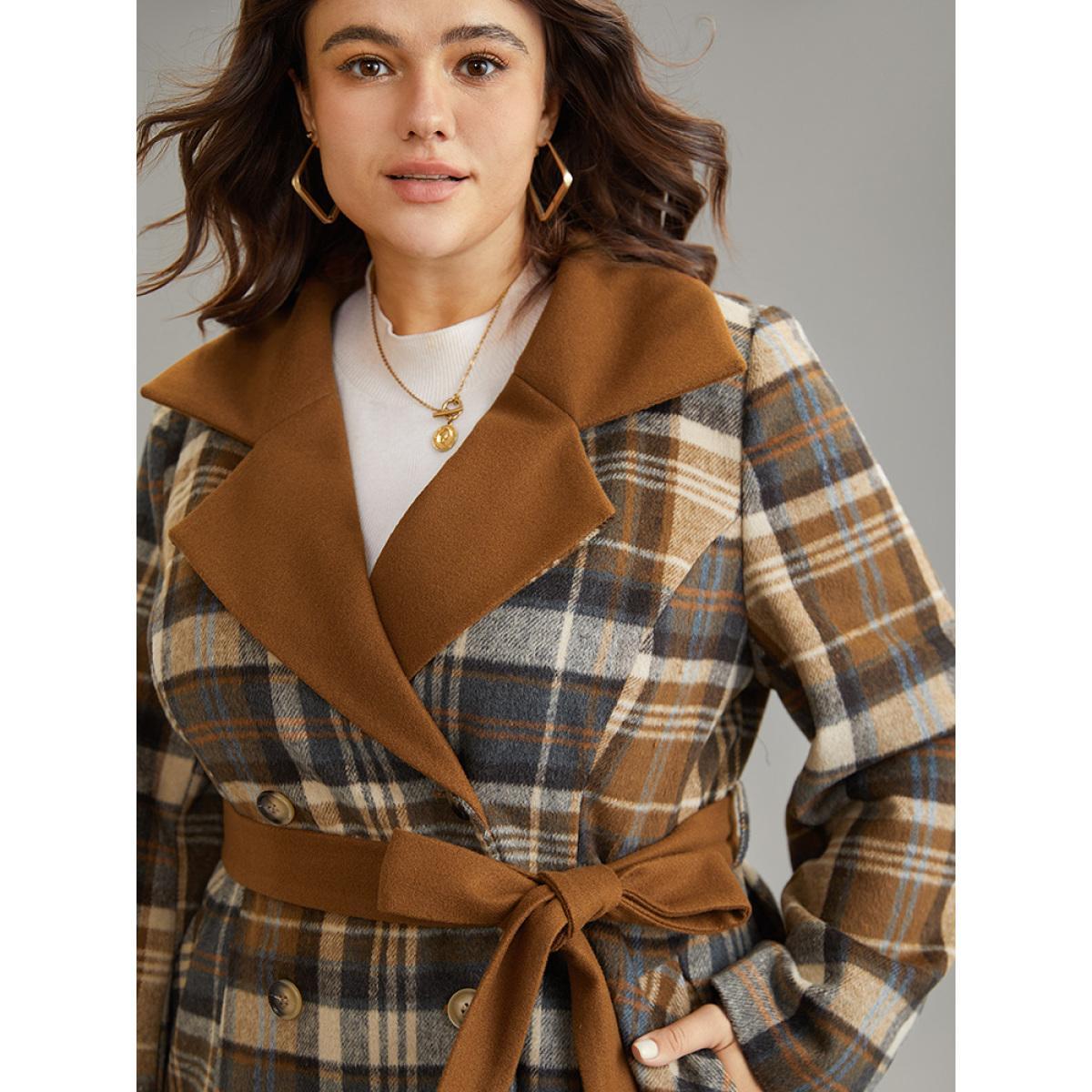 Plus Size Plaid Belted Contrast Lapel Collar Trench Coat Women Bronze Elegant Lined Ladies Dailywear Winter Coats BloomChic 10/M Product Image