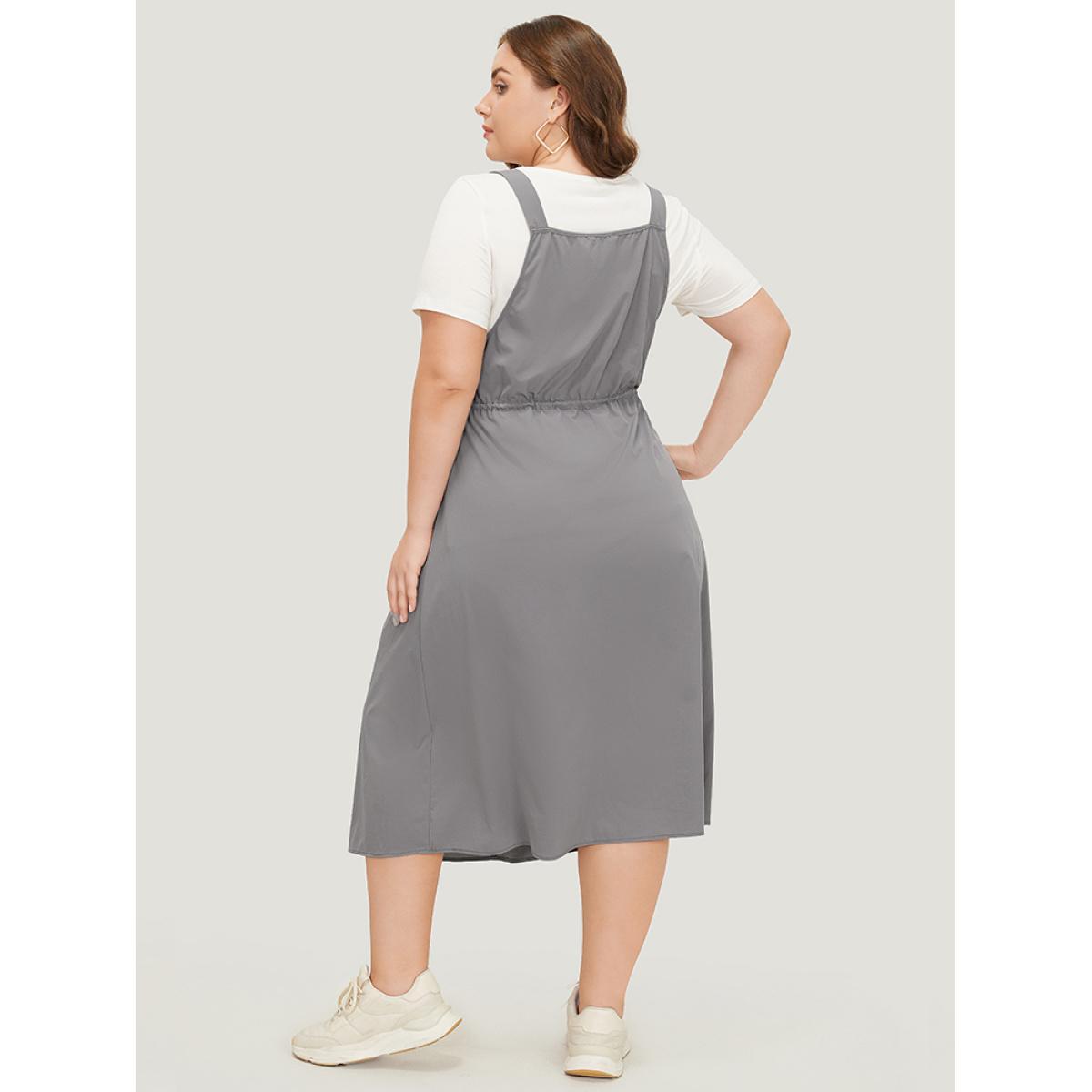 Plus Size Plain Adjustable Straps Pocket Drawstring Side Overall Dress Gray Women Casual Adjustable Straps Spaghetti Strap Sleeveless Curvy Midi Dress BloomChic 14-16/1X Product Image