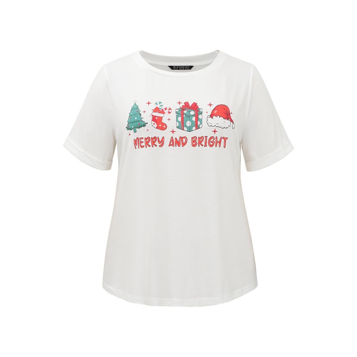 Plus Size Christmas Print Round Neck T-shirt White Women Casual Printed Christmas Festival-Christmas T-shirts BloomChic 26/4X Product Image