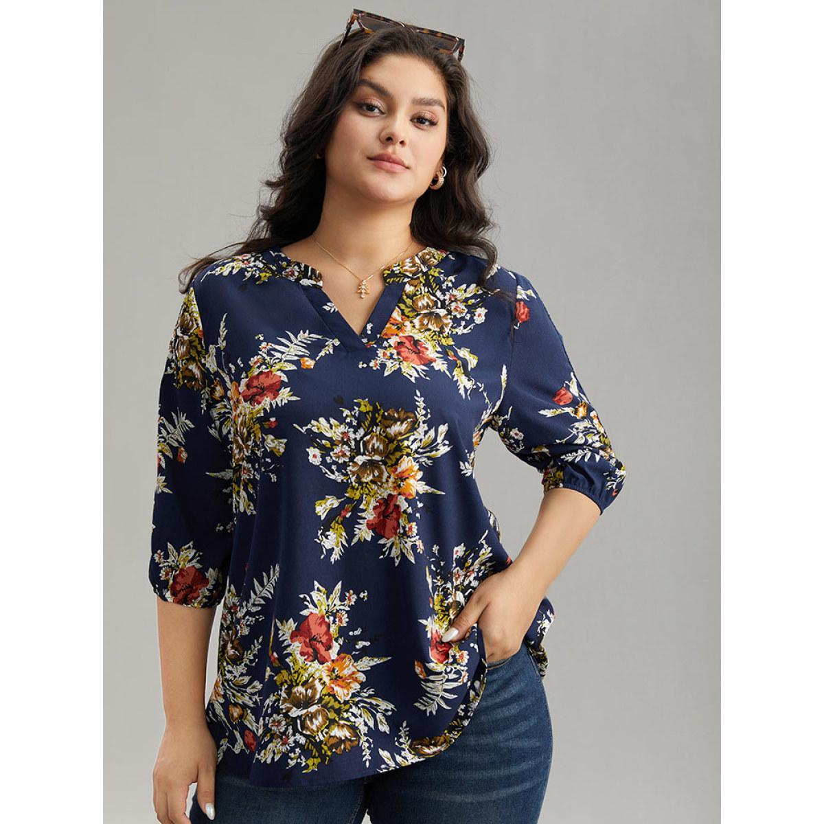 Plus Size Indigo Floral Print Notched Elastic Cuffs Blouse Women Elegant Elbow-length sleeve V-neck Dailywear Blouses BloomChic 28/5X Product Image