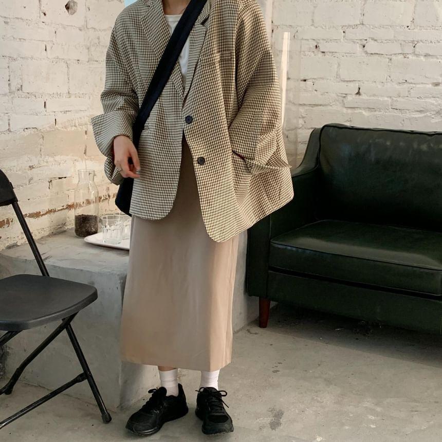 Plaid Single-Breasted Blazer / High Waist Midi A-Line Skirt Product Image