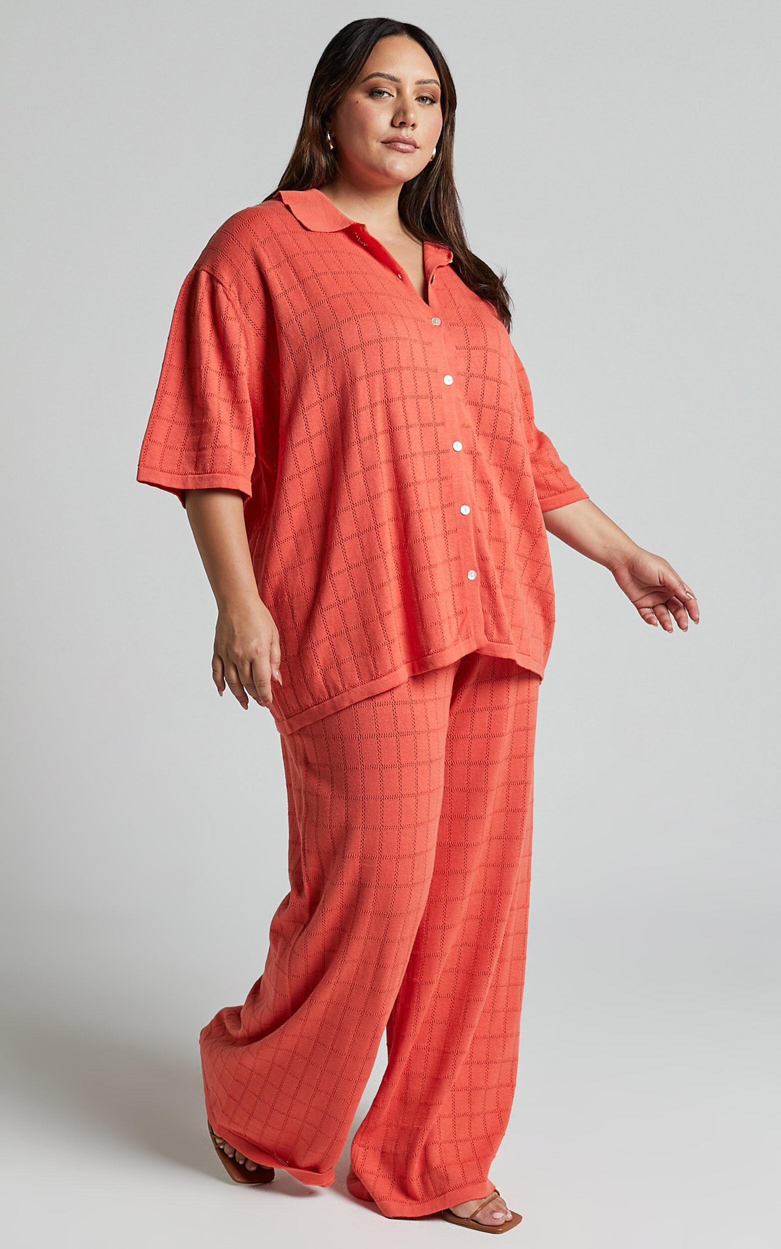 Tommy Two Piece Set - Knit Button Through Top and Pants Two Piece Set in Coral Product Image