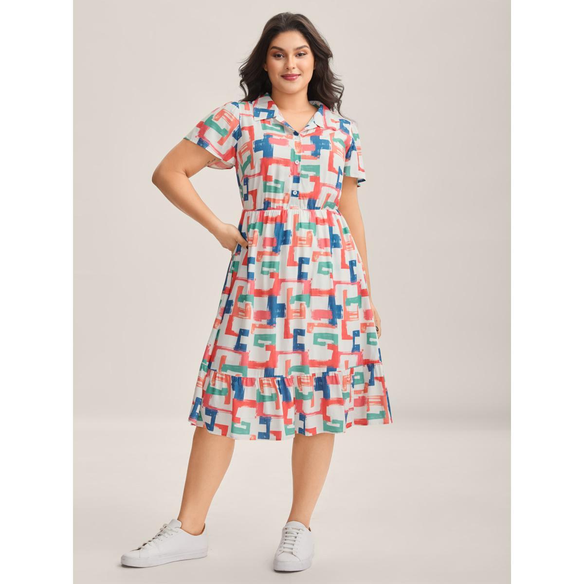 Plus Size Color Puzzle Rayon Collar Midi Dress Multicolor Women Shirt collar Cap Sleeve Curvy BloomChic 12/L Product Image